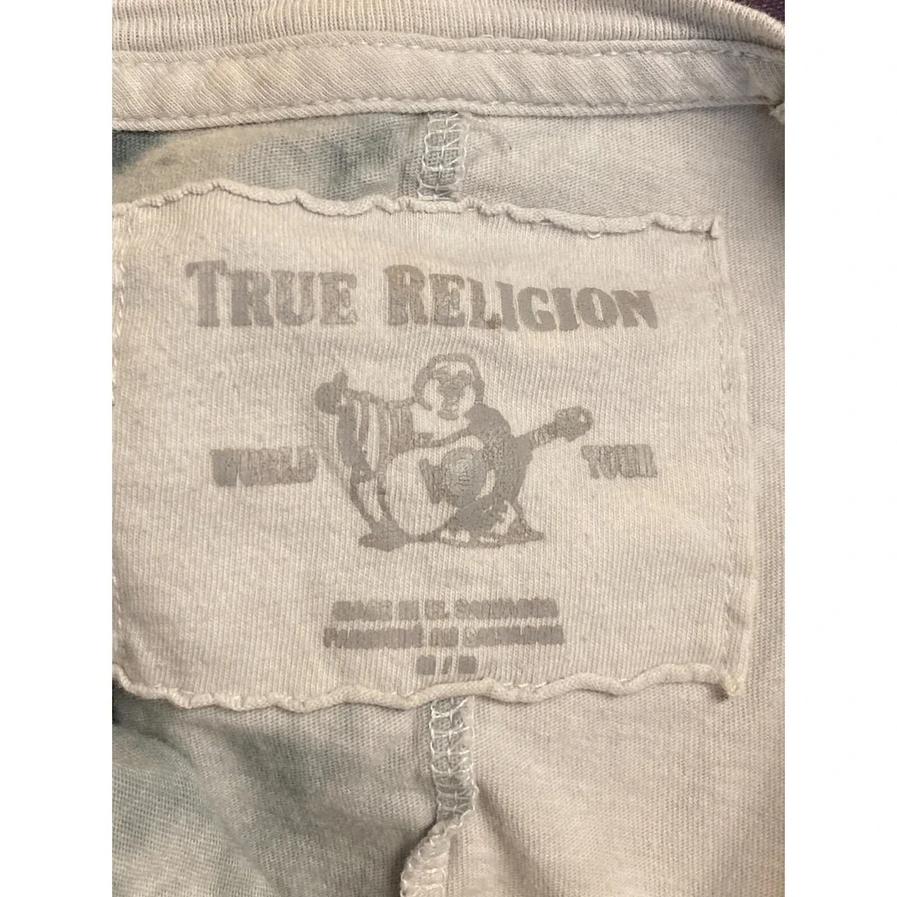 True Religion World Tour T Shirt Men's Medium Beige Gray‎ Tie Dye Patchwork Logo